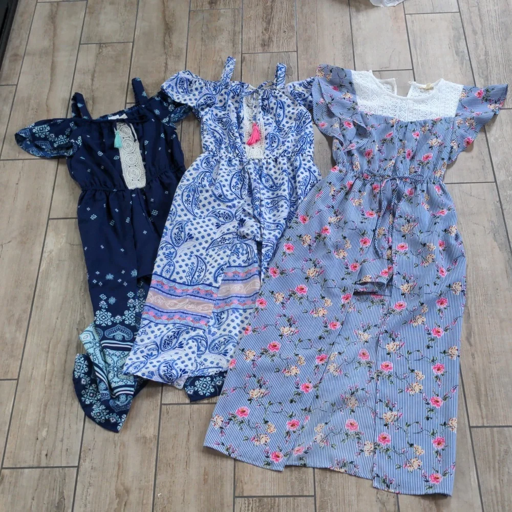 Set of 3 Girl's Dresses Rompers Jumpers Cold Shoulder Short Sleeves High…